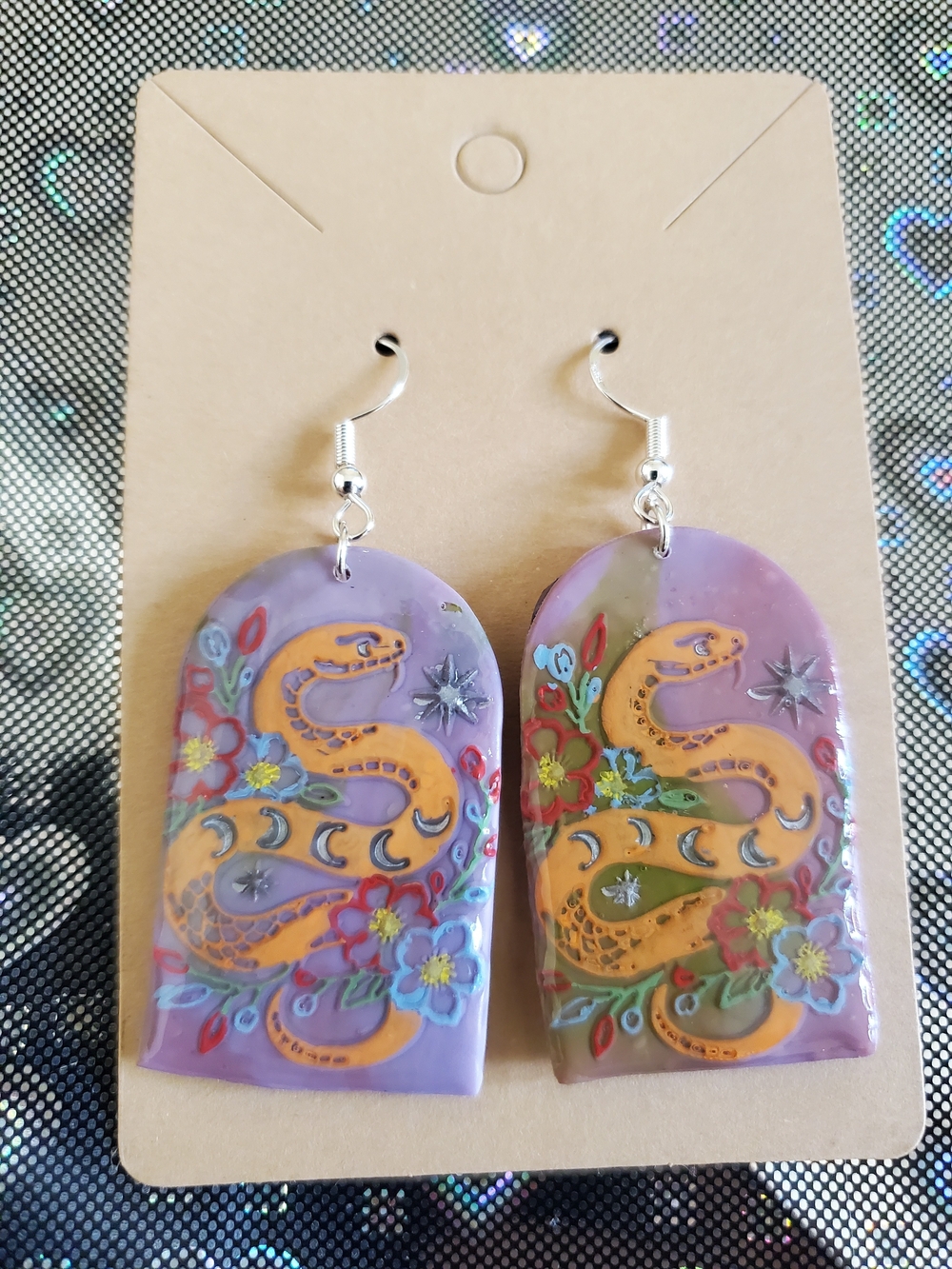 Handmade Snake & Floral Dangle Earrings - Picture 2 of 3